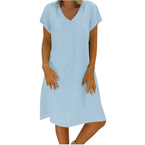 Leinenkleid Damen Einfarbig Retro Sommerkleid V-Ausschnitt Kurzarm T Shirt Kleider Knielang Blusenkleid Baumwolle Leinen Pulloverkleid Vintage...