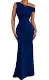 Belriviere Womens Off The Shoulder Maxi Dress Sleeveless Ruched Fishtail Sexy Bodycon Long Dress for Wedding Guest Party Evening Gown L Navy Blue