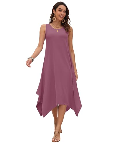 Image of AUSELILY Women's Summer Dresses Casual Sleeveless Midi Tank Beach Dress | Women's Asymmetrical Hem Sundress with Side Pockets, Great for Beach, Vacation & Daily Wear