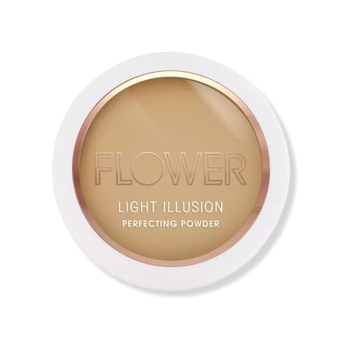 FLOWER Beauty By Drew Barrymore Light Illusion Perfecting Powder - Powder Foundation + Setting Powder for Makeup - Medium Buildable Coverage - Natural Glow + Flawless Finish (Caramel)