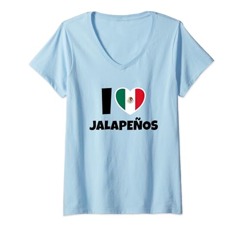 Donna I Love Jalapeños with Mexico Flag and Heart Maglietta con Collo a V