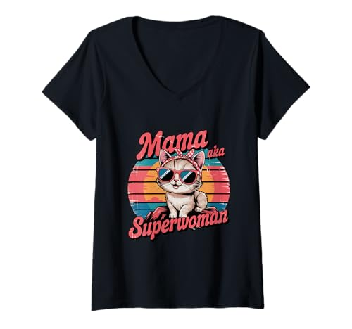 Mujer Retro Groovy Mama Superwoman Cat lover Cute Mother's Day Camiseta Cuello V