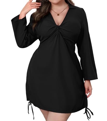 Women‘s Plus Size Dress Long Sleeve V Neck A Line Mini Short Cocktail Summer Casual Dress