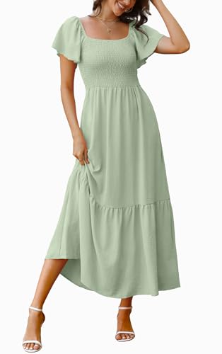 Image of OFEEFAN Summer Dresses for Women Square Neck Ruffle Sleeve Smocked Maxi Dress with Pockets