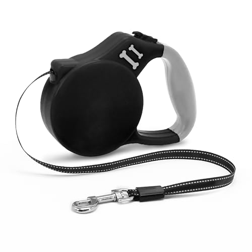 AIITLE Einziehbare Hundeleine 5 m für kleine Rassen, reflektierendes Sicherheitsband, Quick-Lock-Bremssystem, Rutschfester Griff – leicht und tragbar für Reisen, Training, Nachtspaziergänge, Schwarz