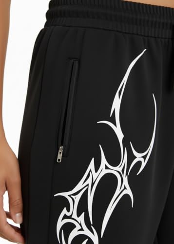 Image of Aesthetic Gothic Wide Leg Pants for Men | Tribal Print Baggy Streetwear | Oversized Track Pants with Elastic Waist | Black and White Relaxed Fit Bottoms