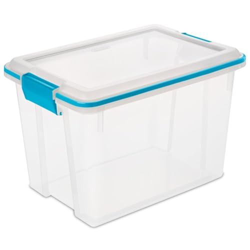 Image of Sterilite Gasket Storage Box with Lids for Home & Office, 20 Quart, 18-Pack | Heavy-Duty, Stackable, and Organizing Containers for Bathroom, Cabinet, Closet, and Garage, Clear and Blue Aquarium Latches