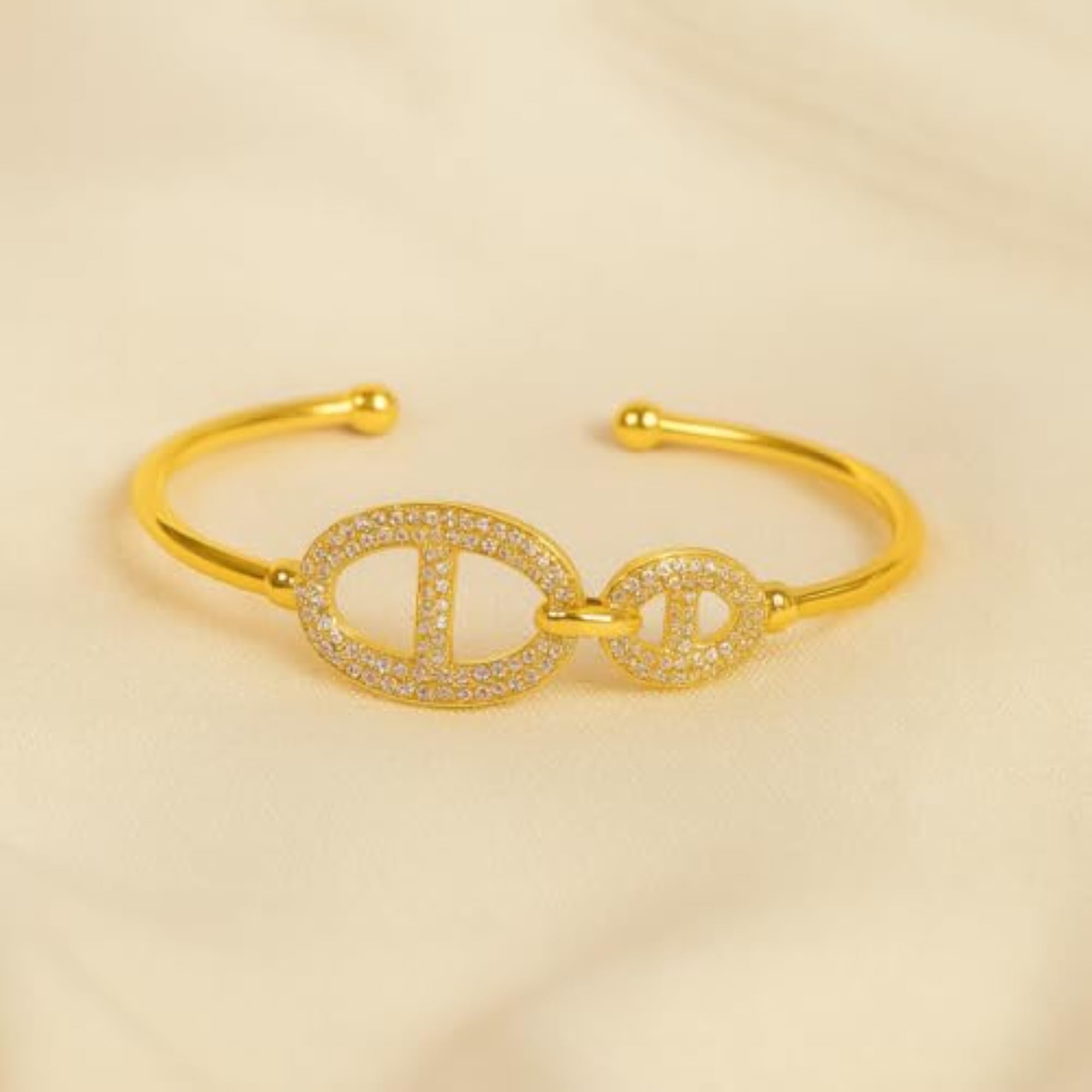 Women's Double Oval Gold Open Cuff Bracelet, Elegant Design