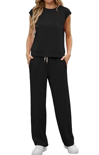 GRECERELLE Two Piece Outfits Women Summer Short Sleeve Tracksuit Womens Full Set Lounge Wear Sets for Women Casual Crew Neck Cap Sleeve Tops and Jogging Bottoms with Pockets(Black M)