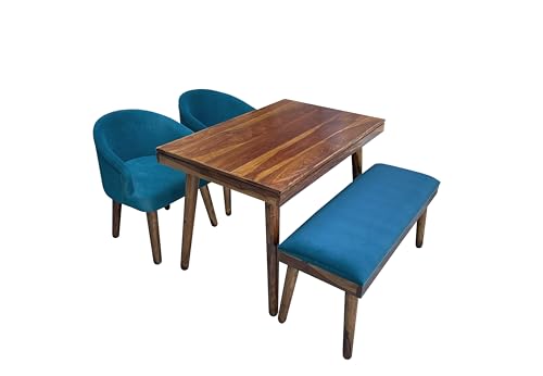 Image of DaneWood Premium Dining Table Set of 4 | Sheesham Wood Dining Table Set 4 Seater | Four Seater Dinning Table with 2 Upholstered Chairs & 1 Bench | Dinner Table Restaurants | Honey Finish & Blue
