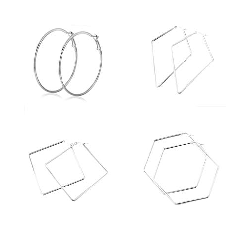 4 Pairs Stainless Steel Geometric Hexagon Round Square Thin Hoop Earrings for Women Jewelry Set-silver