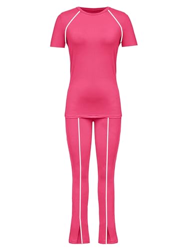 Image of STOLKISS Women 2 Piece Outfits Summer Workout Sweatsuit Striped Short Sleeve Long Flare Pants Casual Travel Tracksuit