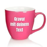  Mahlwerck XXL Jumbotasse, Große Porzellan-Kaffeetasse mit hoch-glänzender Oberfläche, 450ml, Fancy Pink, 3 Zeilen graviert, Links vom Henkel
