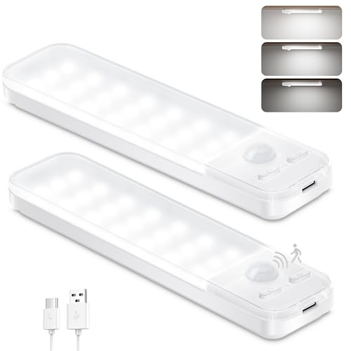 Ylatoial Under Cupboard Kitchen Lights, 2 Pack Cold White 1000mAh Dimmable Rechargeable Magnetic LED Motion Sensor Lights Indoor for Wardrobe Cabinet Shelf