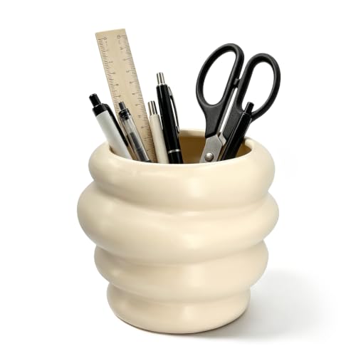 EQUNROY Aesthetic Ceramic Pen Holder Matte Cream Ribbed Pen Cup