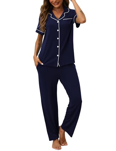 HNG Short Sleeve Pants Set Sleep Wear Set For Women Bachelorette Pajamas For Bridal Party Navy Blue XS