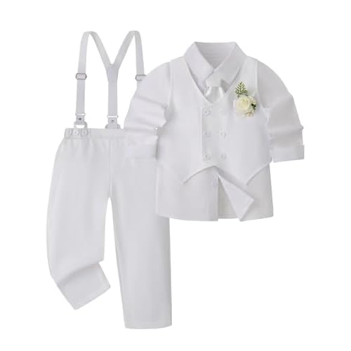 HOZIY Toddler Boy Clothes Suit Gentleman Outfits Formal Dress Shirt+Tie+Vest+Corsage+Suspender+Pants 6PCs Sets for 1-7 Years 18-24 Months White