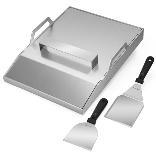 Onlyfire Plaque Plancha en INOX avec Couvercle et 2 Spatules, Plaque de Cuisson Professionnelle 40 x 30 cm pour Barbecue à Gaz, Épaisseur 4 mm avec Trou...