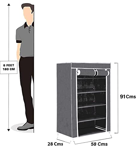 Image of FLIPZON | 5 Shelves Baby Foldable Wardrobe | Non-Woven Fabric Shelves | Black, (58 X 28 X 91Cm)