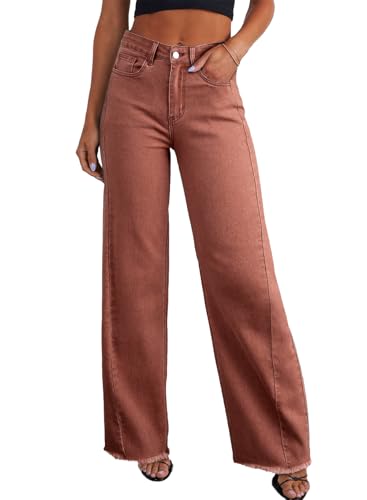Sidefeel Women's Wide Leg Jeans High Waisted Stretchy Raw Hem Denim Pants Size 18 Mineral Red