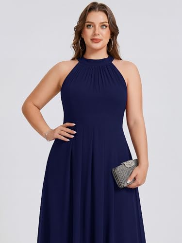 Image of Ever-Pretty Plus Women's Sleeveless Halter A Line Pleated High Low Plus Size Wedding Guest Cocktail Dresses 31926-DA