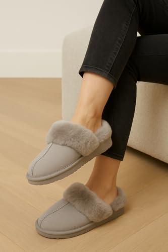 Image of Project Cloud Genuine Leather Slippers for Women with Genuine Fur Lining, Non-Slip Indoor /Outdoor Clog Mule Slippers, Memory Foam Insole