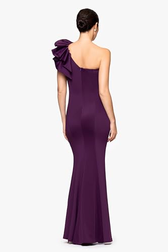 Image of Betsy & Adam Women's Long Halter Scuba Crepe Tiered Ruffle Slit Gown
