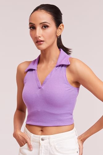 Image of BERRY BIRD Stylish Sleeveless V-Neck Slim Fit Collar Ribbed Knit Tank Crop Tops for Women & Girls Beach and Gym Wear and Western Trendy Fashion