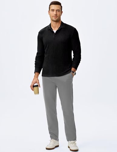 Mens Long Sleeve Polo Shirts Casual Collared Golf Polo T Shirts Button Down Texture Ribbed Knit Pullover Tee3