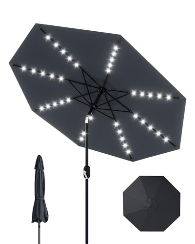 Patio Umbrella with Lights, 8 Ribs Outdoor Market Table Umbrella for Pool, Deck, Backyard (Gray, 10FT)