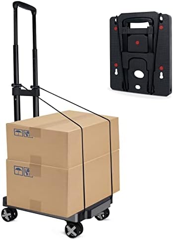 Portable Folding Hand Truck, 160 lbs Capacity Lightweight Luggage Carts with 4 Rotate Wheels, Utility Dolly Platform Cart with 2 Elastic Ropes for Moving Travel Shopping Office Use