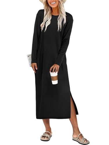 ANRABESS Long Sleeve Midi Dresses for Women Fall Fashion Casual Vacation Crewneck Loose Split Striped Long Tshirts Dress