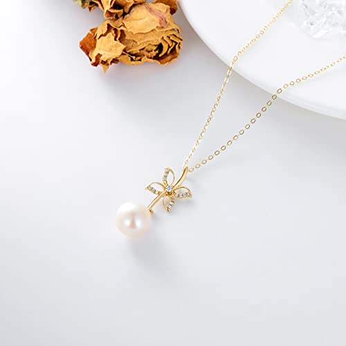 14K Real Gold Pearl Pendant Necklace for Women,Yellow Gold Butterfly/Crown/Flower Pearl Necklaces Christmas Birthday Jewelry Present for Wife Mom Girlfriend 16''-18''4
