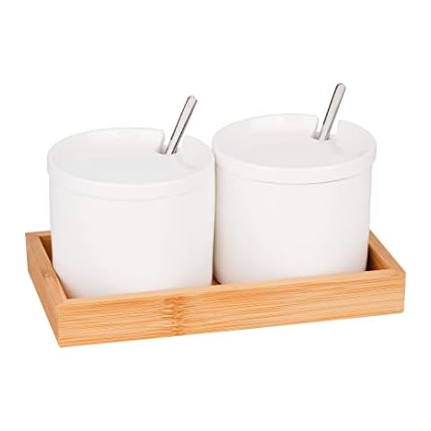 CHILDIKE Ceramic Condiment Jar, Sugar Bowl with Lid and Spoon, Sugar Jar with Bamboo Tray, White, 300 ml, Set of 2 Cover