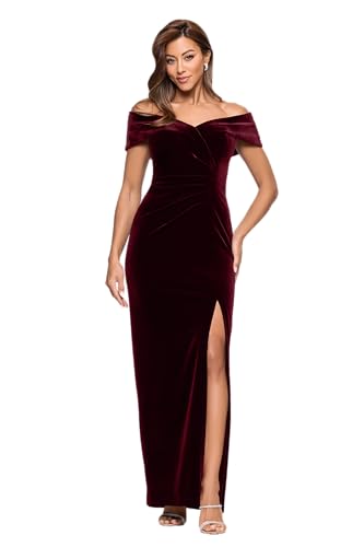 Image of Xscape Women's Long Velvet Off-The-Shoulder Sweetheart Neckline Dress with Leg Slit and Center Back Zipper