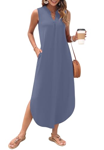 Image of AUSELILY Womens Summer Casual Maxi Dresses 2026 Sleeveless Long Beach Dresses V Neck Loose Sundresses with Side Split Pockets