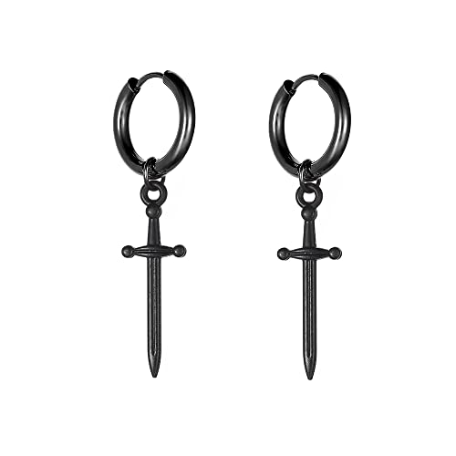 Minimalist Dagger Sword Dangle Drop Small Hoop Earrings for Men Women Boys 316L Stainless Steel Charms Huggie Hoops Cartilage Helix Hypoallergenic Fashion Personalized Punk Hip Hop Vintage Dangling Gifts Boyfriend Birthday Bff 12mm