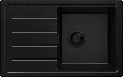PRIMAGRAN Fregadero Cocina Todo Negro 70x44cm, Granito 1 Seno + Sifón, Sobre encimera al mueble 45cm - Copenhague Easy S025