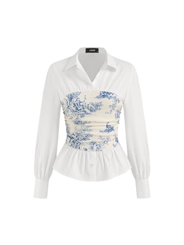 CIDER Long Sleeve Shirts for Women Toile De Jouy V-Neck Woven Blouse Regular Fit Long Sleeve Top