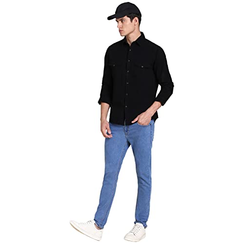 Image of Dennis Lingo Men's Solid Denim Cotton Slim Fit Full Sleeve Casual Shirt with Flap Pockets and Snap Buttons