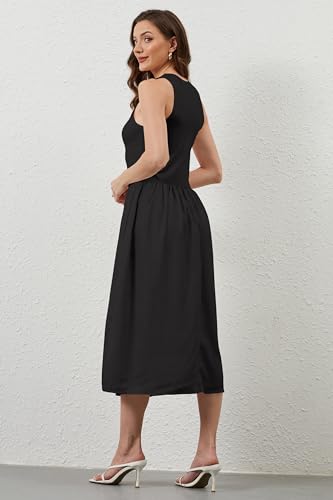 Image of TERIVEEK Women Summer Sleeveless Midi Dress Casual High Neck Patchwork Tank Sundress Boho Flowy A Line Dress with Pockets Black