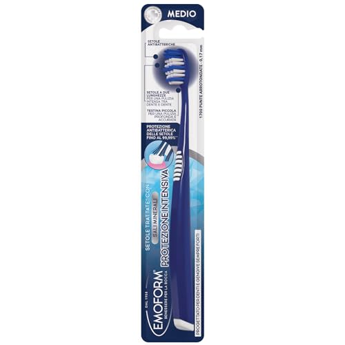Emoform Spazzolino Protezione Intensiva con Setole Antibatteriche a doppia lunghezza trattate con Sali Minerali e 1700 Punte Arrotondate - Pulizia Profonda per Denti e Gengive
