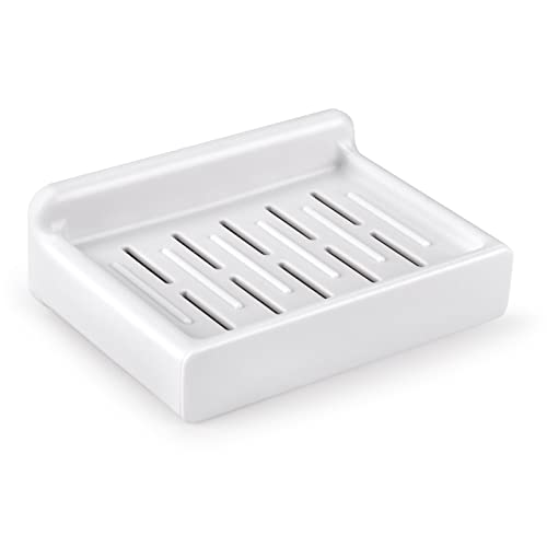 HONZUEN Portasapone Adesivo da Parete Senza Foratura per Bagno Cucina Doccia, Vassoio con Scarico Rapido, Organizer Portasapone in Plastica Resistente per Sapone Solido, Spugna, Spazzole, Bianco