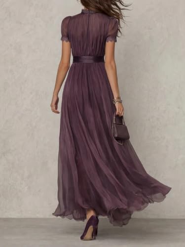Womens Lace Spliced Soft Maxi Dress Short Sleeve Flow Evening Gowns Purple - image 2