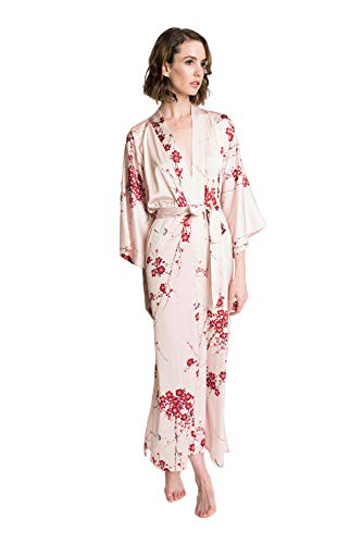 OLDSHANGHAI Women's Charmeuse Kimono Robe Long - Watercolor Floral - Cherry Blossom & Crane- Rose Quartz (Pink)