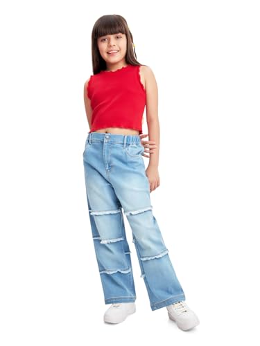Image of olele Girls Super Jeans Collection for 4-14 Yrs | Stretchable Cotton Denim Trousers | Blue Jeans for Kids | Baggy Denim Pants | Cargo Pants for Girls