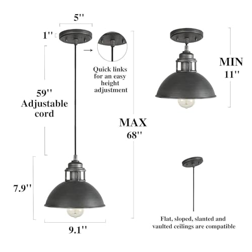 LALUZ Pendant Lights Kitchen Island, 9.1'' Industrial Brushed Aged Silver and Black Kitchen Pendant Lighting Over Island Sink, Farmhouse Dome Metal Hanging Light Fixtures by LALUZ - Used condition - Image 6