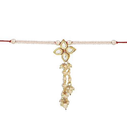 Image of I Jewels Rakshabandhan Designer Handcrafted Pearl & Kundan Rakhi with Roli Chawal for Brother /Bro /Men