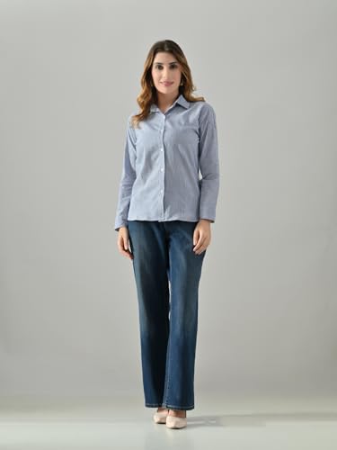 Image of Women's Blue Cotton Striped Shirt - Regular Fit, Full Sleeve, Collared Formal Shirt for Office, Casual
