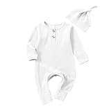 Infant Boys Girls Clothes Set Newborn Baby Romper Hat Ribbed Knit Long Sleeve Button Solid Bodysuit Jumpsuit (White, Newborn)